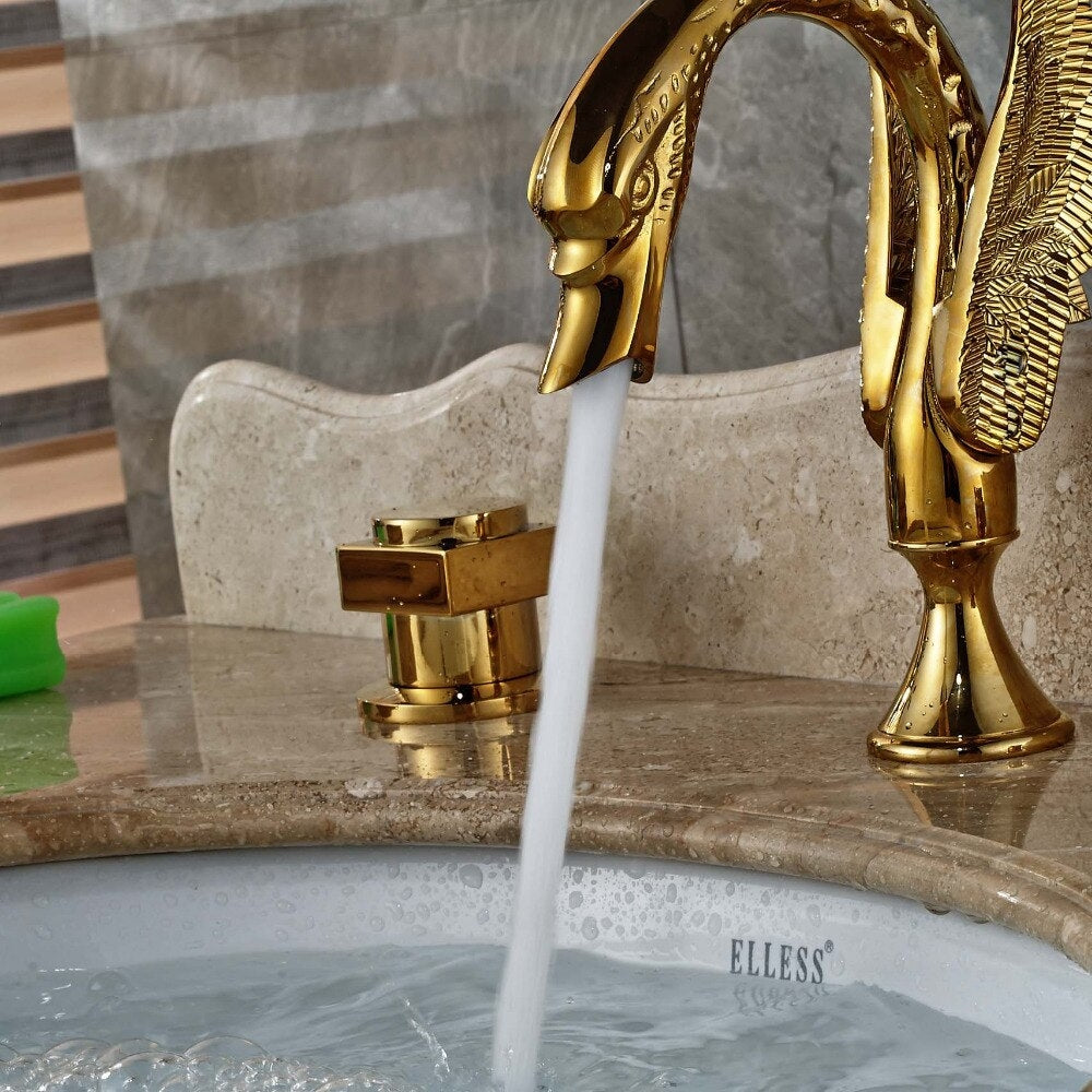 Juno Swan Gold Finish Dual Handle Wall Mount Brass Bathroom Sink Faucet