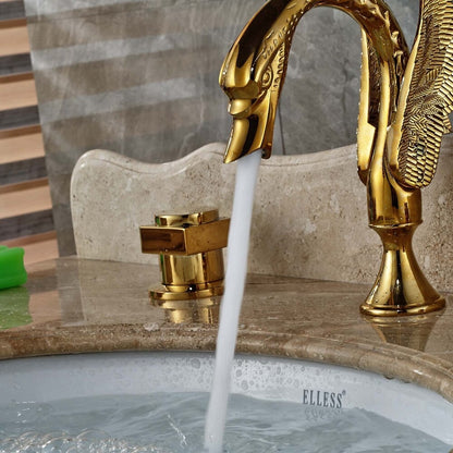 Juno Swan Gold Finish Dual Handle Wall Mount Brass Bathroom Sink Faucet