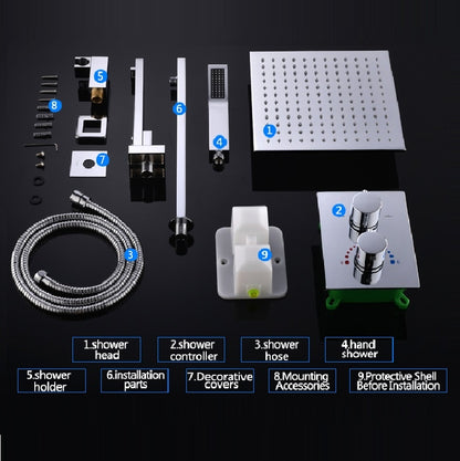 Juno Thermostatic Wall Mount 10” Shower Head with Faucet & Hand-Held Shower