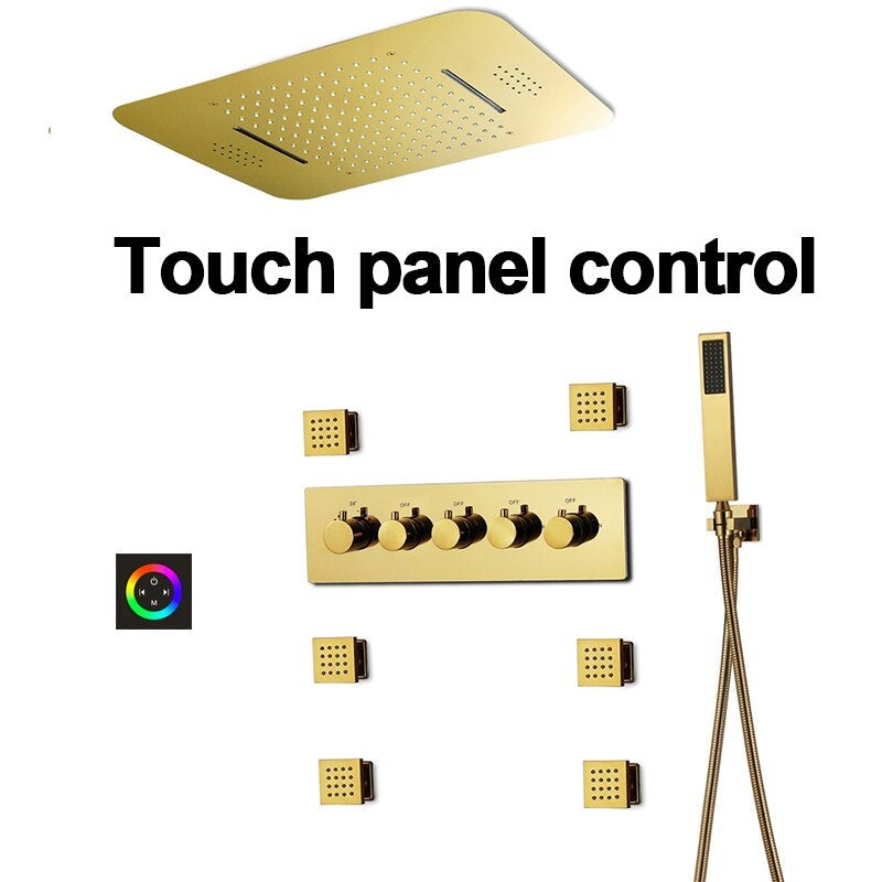 Juno Super Luxury 5 Function Gold Shower System 5 & 3 Knobs With 6 Body Massage Shower Jets Handheld Shower