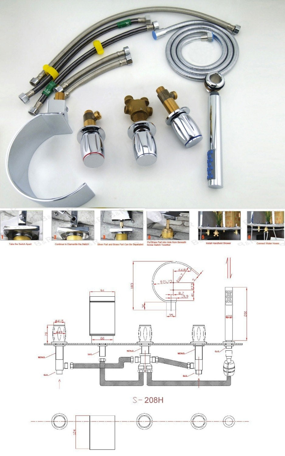 Juno Triple Handel Chrome Roman Bathtub Faucet and Hand Held Shower