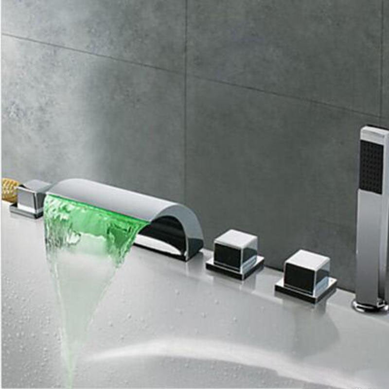 Juno Triple Handles Waterfall LED Bathtub Faucet with Hand-ShowerJuno Triple Handles Waterfall LED Bathtub Faucet with Hand-Shower