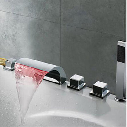 Juno Triple Handles Waterfall LED Bathtub Faucet with Hand-Shower