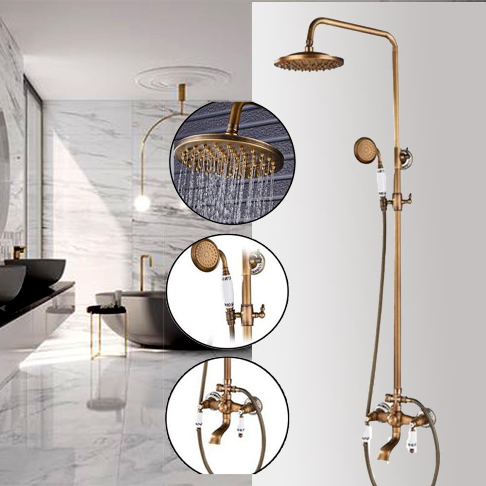 Juno Vintage Polished Brass Dual Shower Head With Single Handle Faucet and Dual Mixer