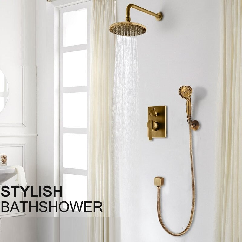 Juno Wall Antique Brass Shower Head With Handheld Shower and Single Handle Mixer Valve
