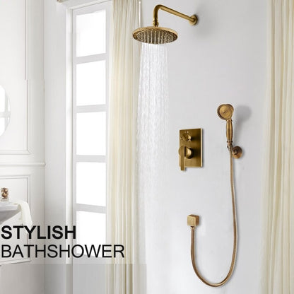 Juno Wall Antique Brass Shower Head With Handheld Shower and Single Handle Mixer Valve