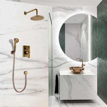 Juno Wall Antique Brass Shower Head With Handheld Shower and Single Handle Mixer Valve