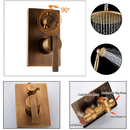 Juno Wall Antique Brass Shower Head With Handheld Shower and Single Handle Mixer Valve