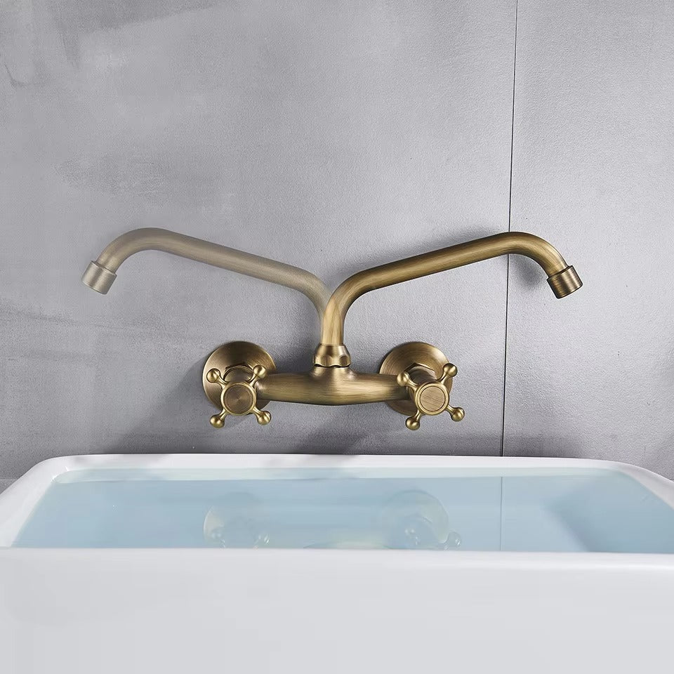 Juno Wall Mount Brass Kitchen Faucet Dual Handle Kitchen Sink Tap