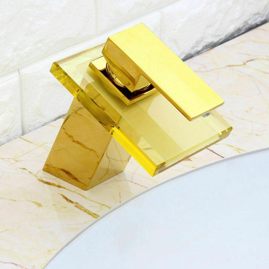 Juno Waterfall Gold Finish Bathroom Sink Faucet with Yellow Glass Spout
