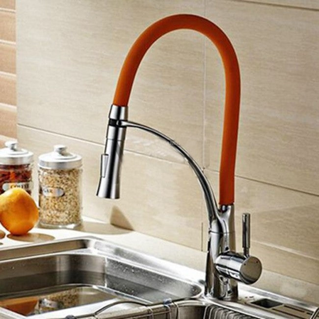 Chrome Kitchen Sink Faucet with Leather Pull Out Tube Spray 