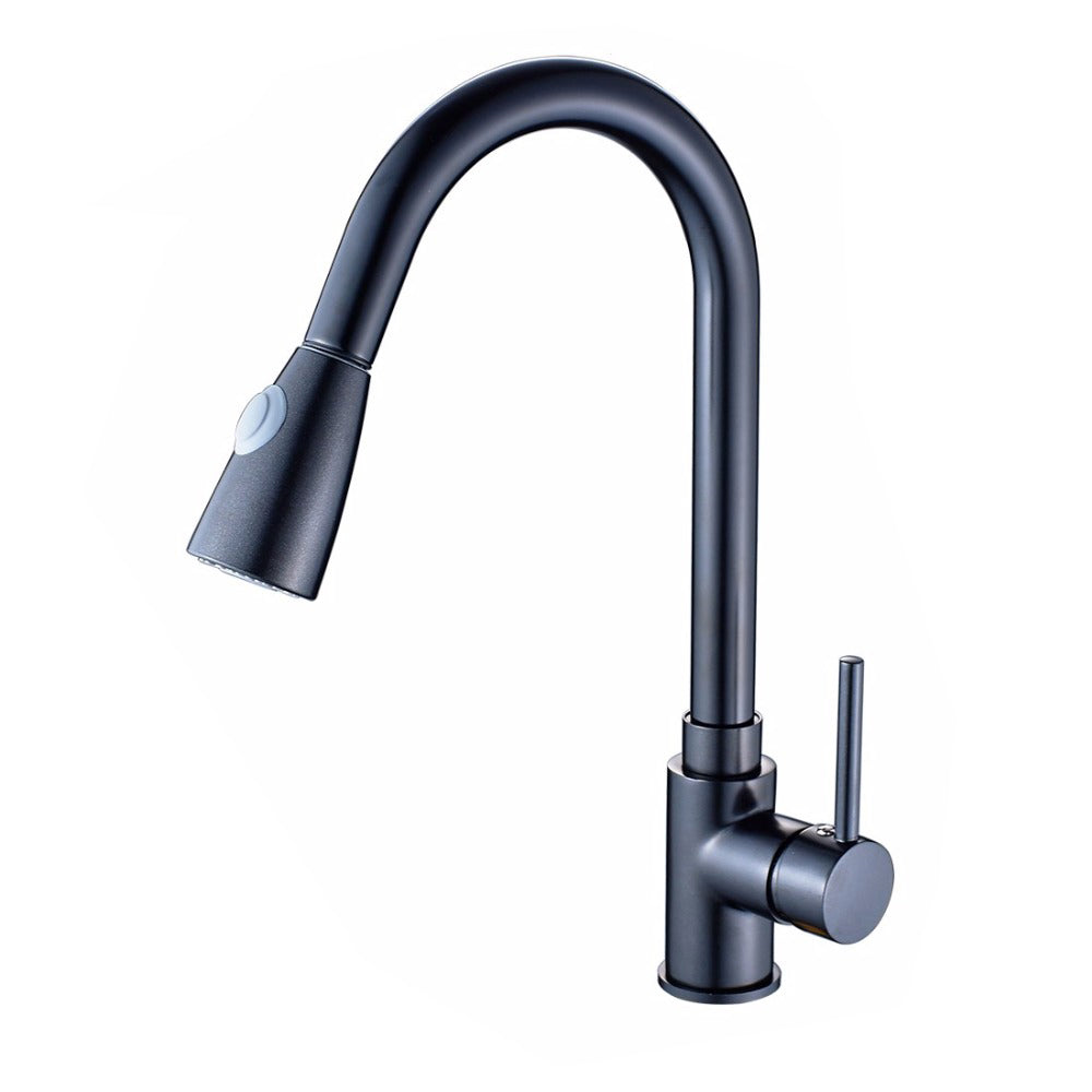 Kitchen Sink Faucet Deck Mount Single Lever Black Finish with Pull Out Sprayer