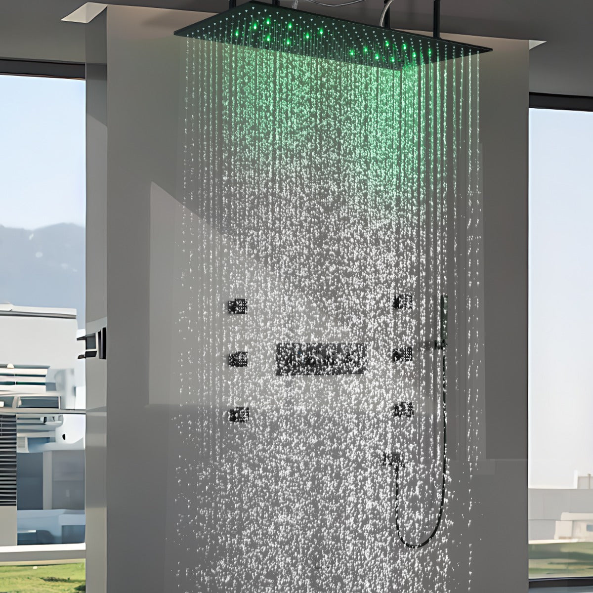 Juno Commercial black LED thermostatic ceiling shower with body jets