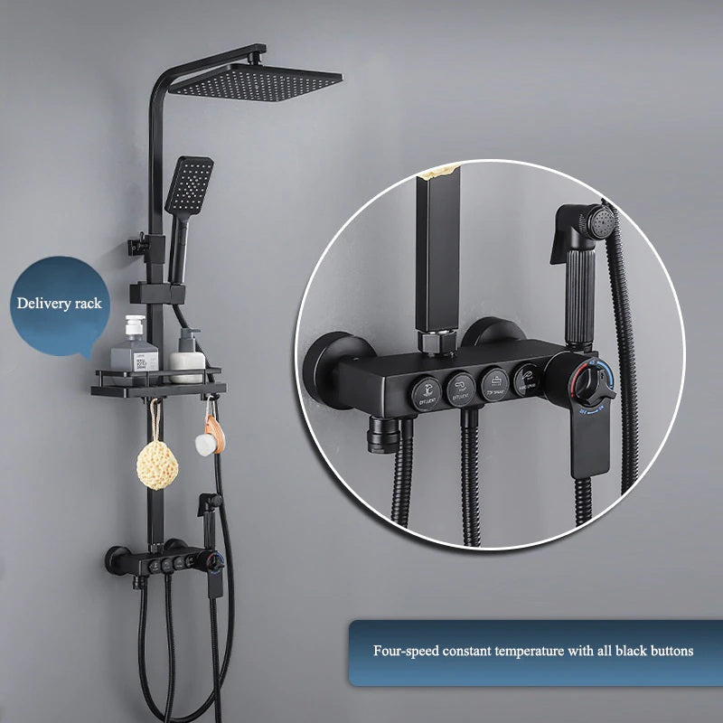 Juno Copper Black Shower Head Digital Display Thermostatic Shower Set With Four-Speed Shower booster nozzle