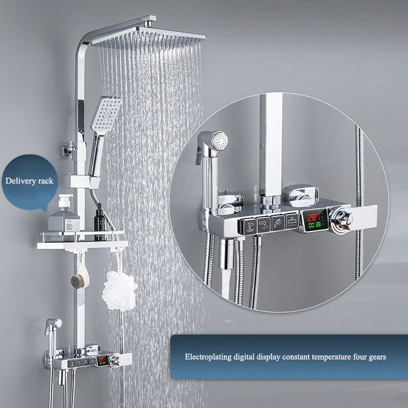 Juno Modern Chrome Finish Digital Display Thermostatic Shower Set With Four Shower Gear Booster Nozzle