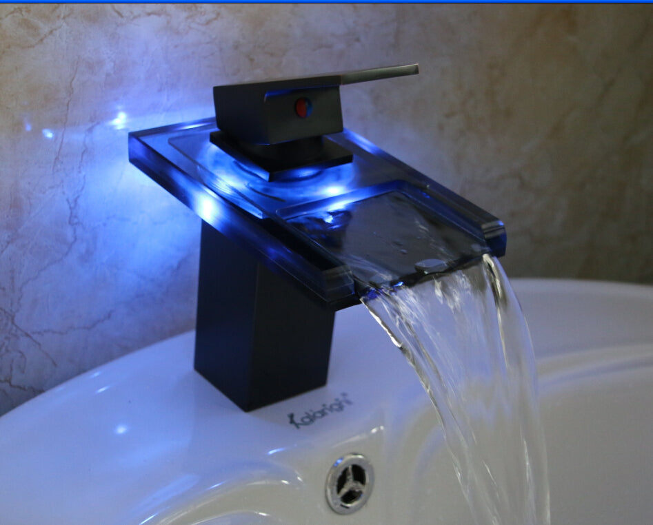 Color Changing LED Oil Rubbed Bronze Glass Spout Waterfall Single Lever Bathroom Sink Faucet