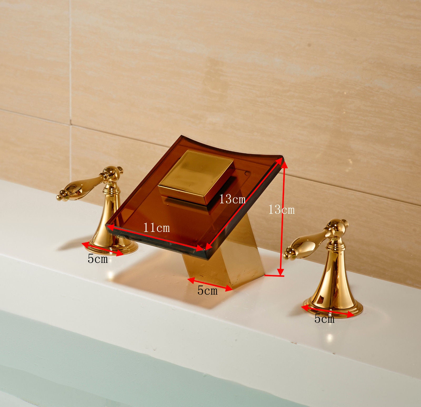 LED Color Changing Glass Spout Bathroom Sink Faucet Gold Finish