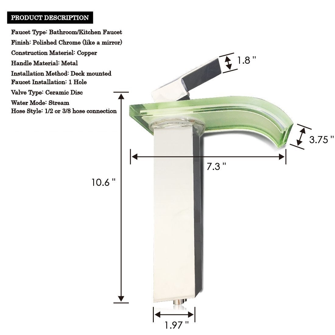 Glass Spout Color Changing LED Bathroom Waterfall Sink Faucet