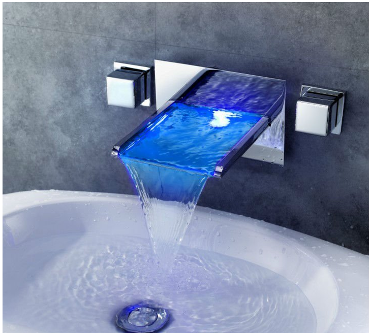 LED Chrome Waterfall Brass bathroom Faucet basin Mixer Tap Color changing Faucet
