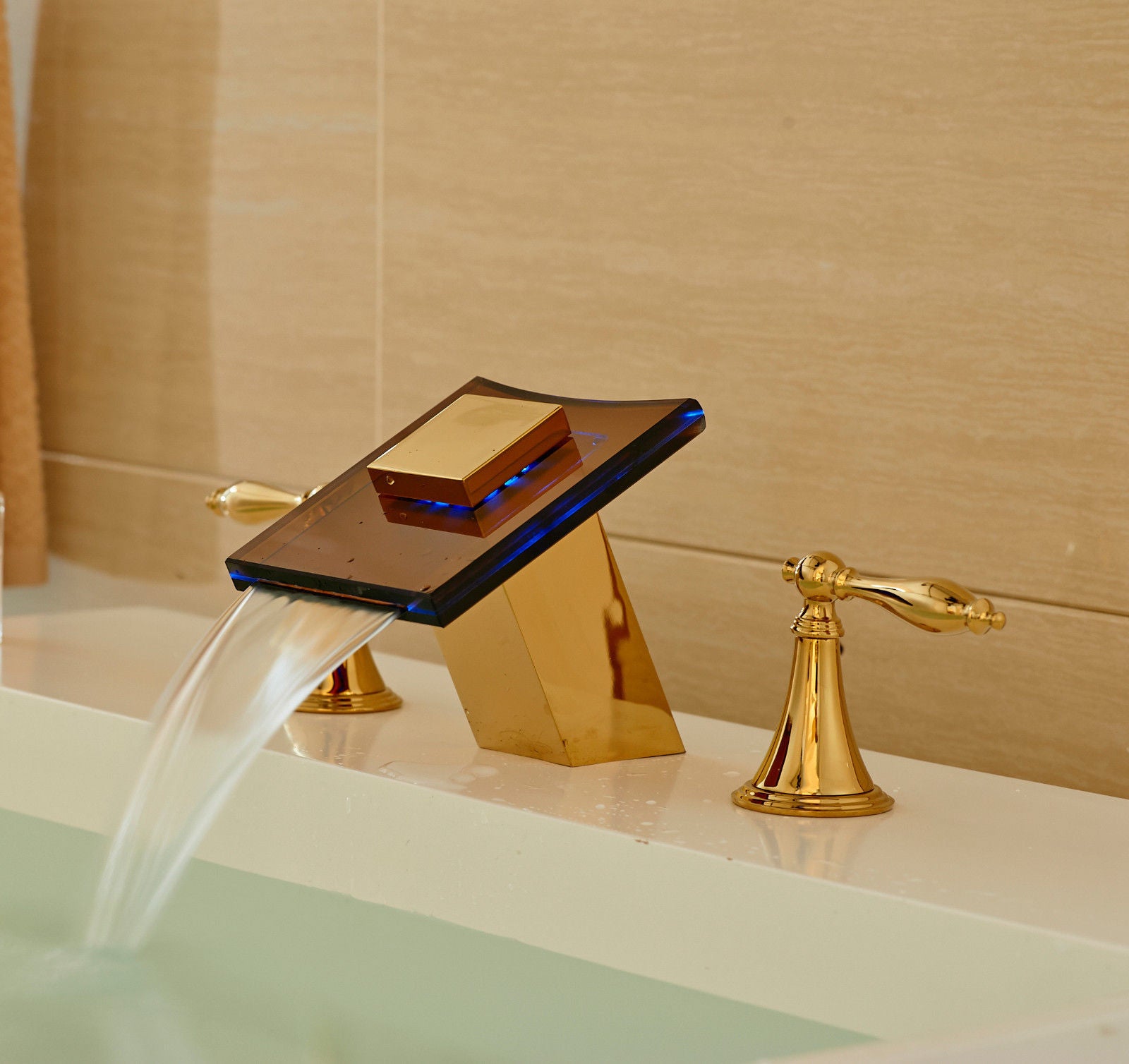 LED Color Changing Glass Spout Bathroom Sink Faucet Gold Finish