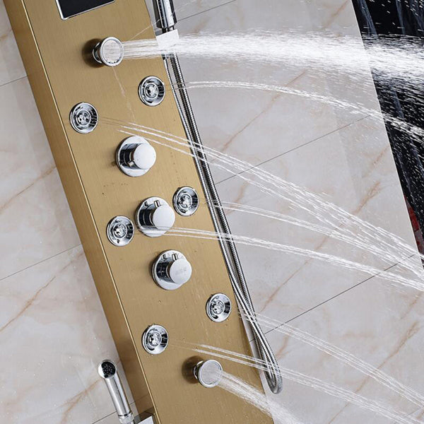 Juno Christy LED Gold Three Handle Dual Control Shower Panel With Massage Jets Handshower & Faucet