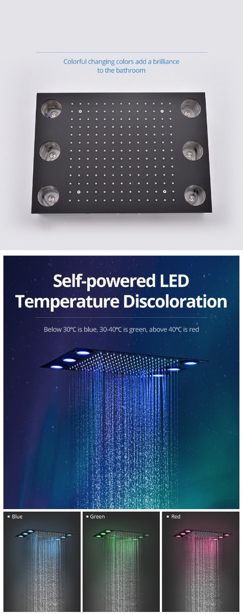 Juno Luxury Matte Black Rainfall 20 Inch Ceiling Mount LED 3 Function Square Showerhead