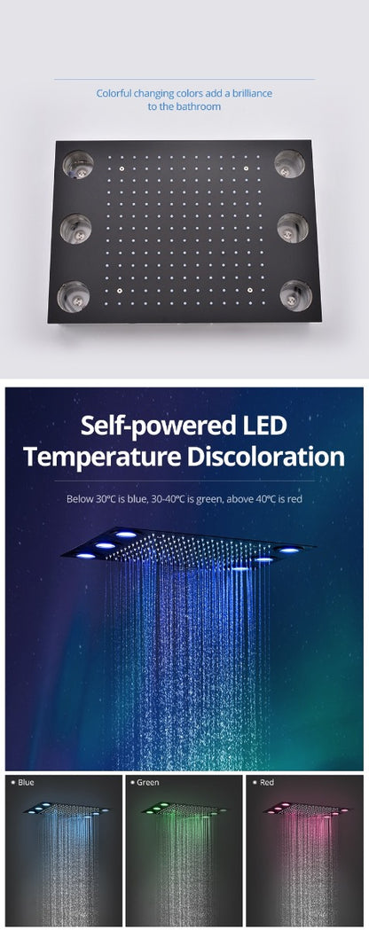 Juno Luxury Matte Black Rainfall 20 Inch Ceiling Mount LED 3 Function Square Showerhead