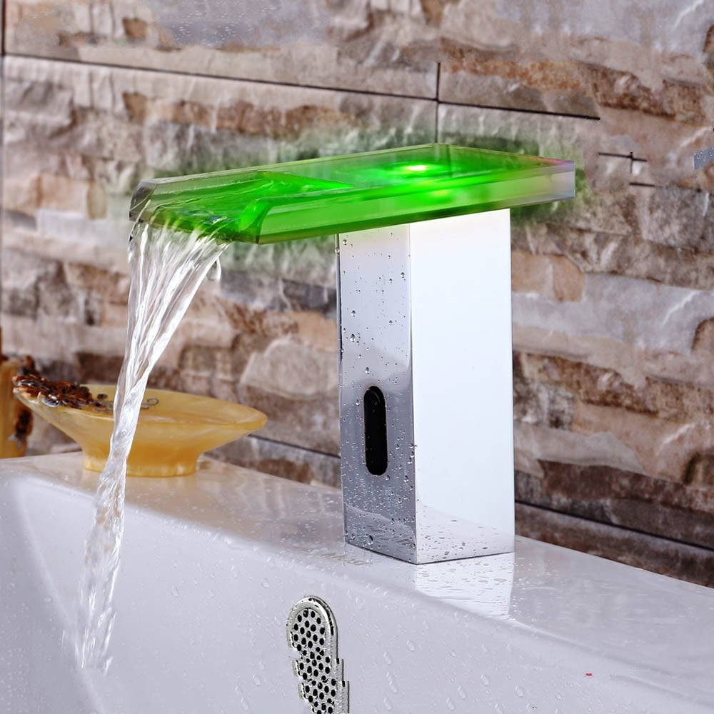 LED Waterfall Chrome Finished Automatic Sensor Bathroom Faucet