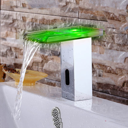 LED Waterfall Chrome Finished Automatic Sensor Bathroom Faucet