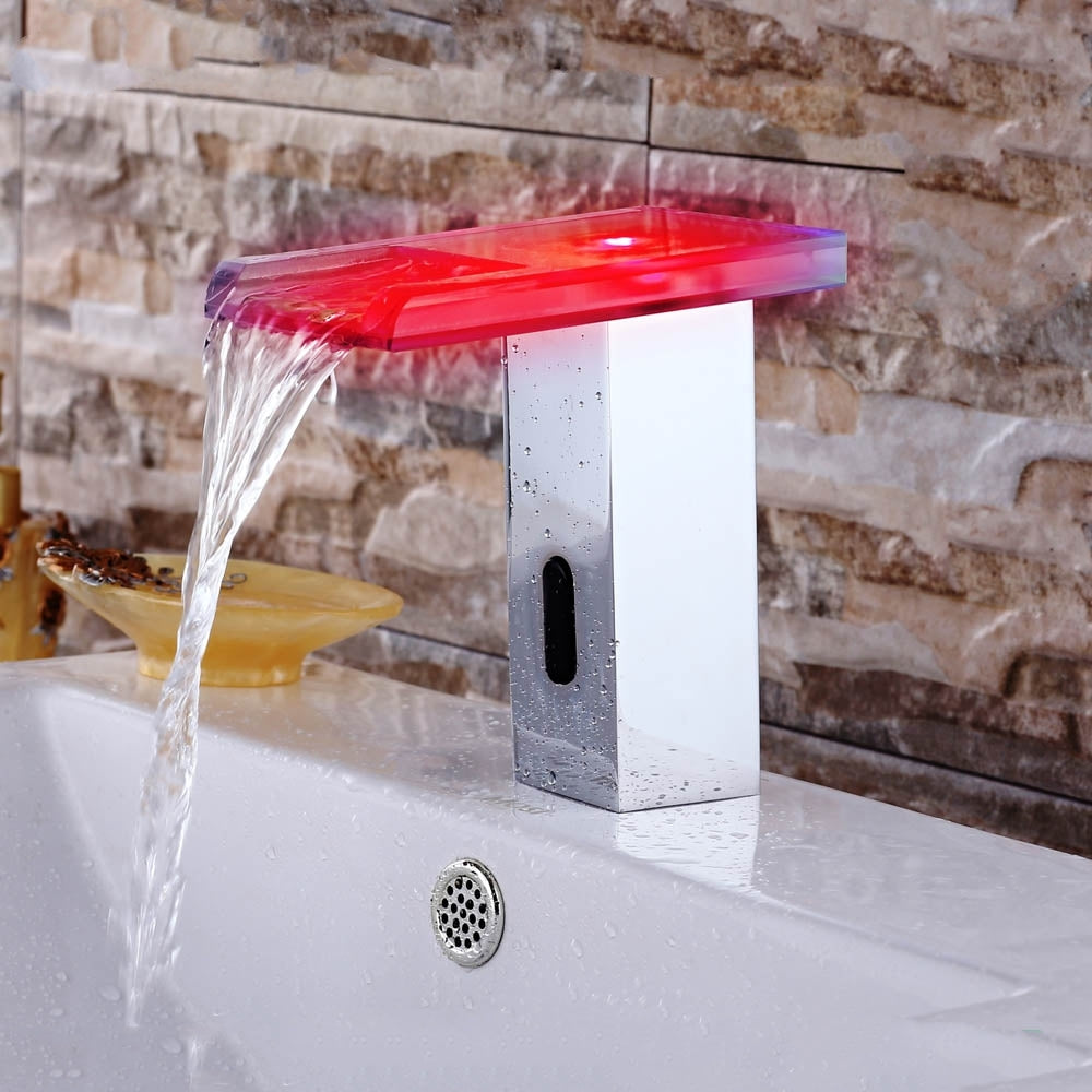 LED Waterfall Chrome Finished Automatic Sensor Bathroom Faucet