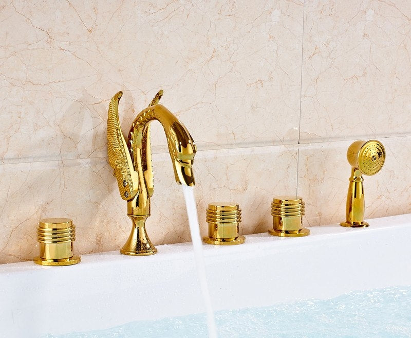 Long Neck Gold Swan 5 Pieces Bathtub Faucet with Hand Shower