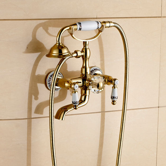 Luxury Wall Mount Gold Finish Rotating Clawfoot Bathtub Faucet with Handheld Shower Head
