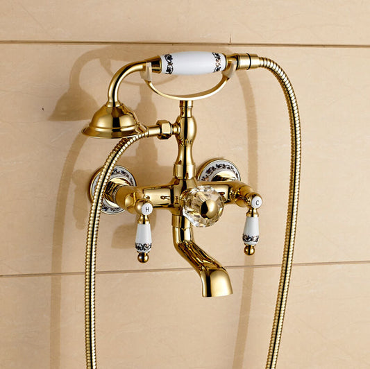 Luxury Wall Mount Gold Finish Rotating Clawfoot Bathtub Faucet with Handheld Shower Head