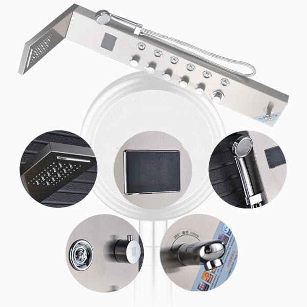 Luxury LED Shower Panel 6 Valve Digital Display Waterfall Rainfall Brushed Nickel Finish
