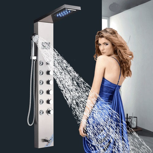 Luxury LED Shower Panel 6 Valve Digital Display Waterfall Rainfall Brushed Nickel Finish