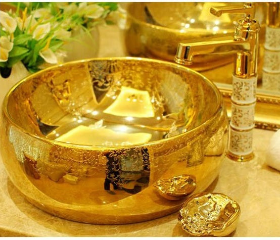 Luxury Lumia Oval Gold Cursive Designed Porcelain Countertop Semi Counter Sink Washbasin