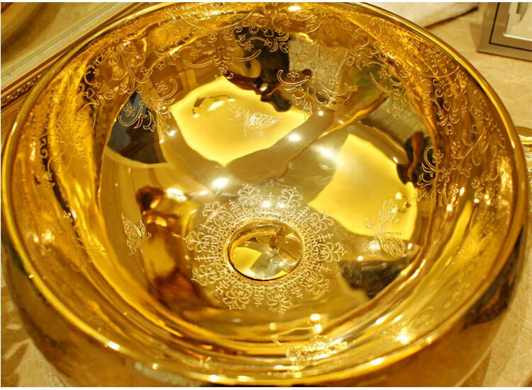 Luxury Lumia Oval Gold Cursive Designed Porcelain Countertop Semi Counter Sink Washbasin