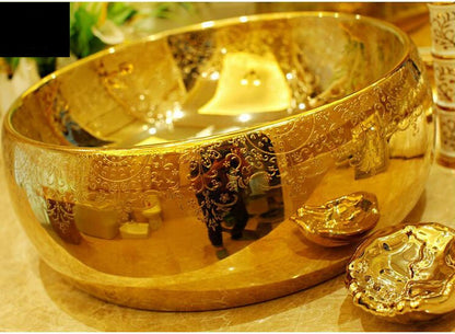 Luxury Lumia Oval Gold Cursive Designed Porcelain Countertop Semi Counter Sink Washbasin