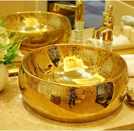 Luxury Lumia Oval Gold Cursive Designed Porcelain Countertop Semi Counter Sink Washbasin