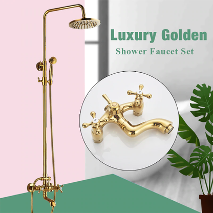 Juno Antique Brass Rainfall Dual Handle Mixer Faucet With Telephone Style Handheld Shower
