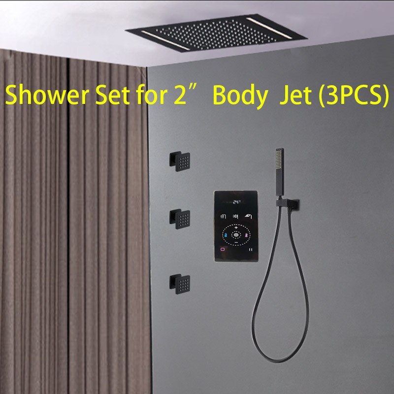 Luxury Large Black Built-in Rain Shower Set With Body Hydromassage Jets & Thermostat Smart Mixer