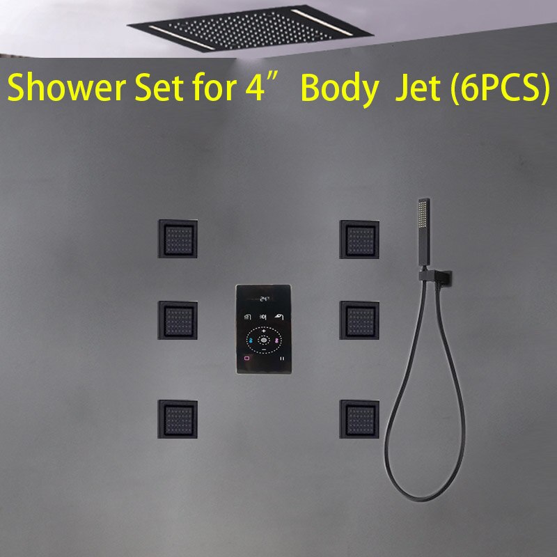 Luxury Large Black Built-in Rain Shower Set With Body Hydromassage Jets & Thermostat Smart Mixer