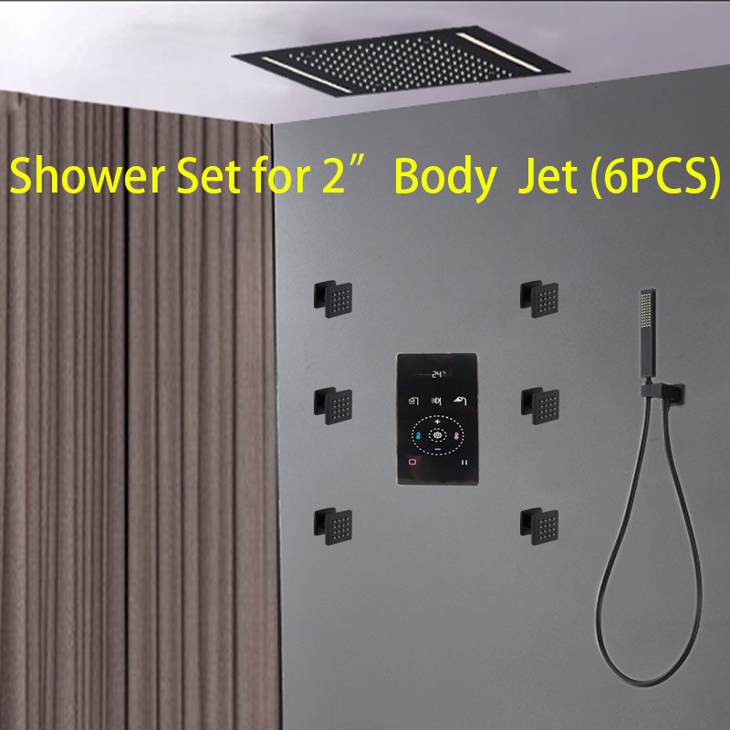 Luxury Large Black Built-in Rain Shower Set With Body Hydromassage Jets & Thermostat Smart Mixer
