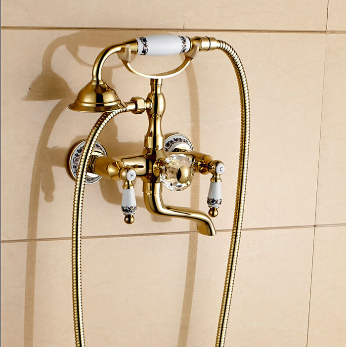 Luxury Wall Mount Gold Finish Rotating Clawfoot Bathtub Faucet with Handheld Shower Head