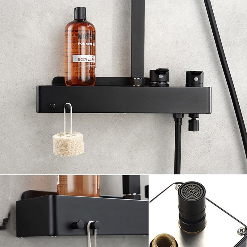 Juno Modern Rainfall Matte Black Wall Mount Rectangle Shower Head Set with Hook and Placement Platform