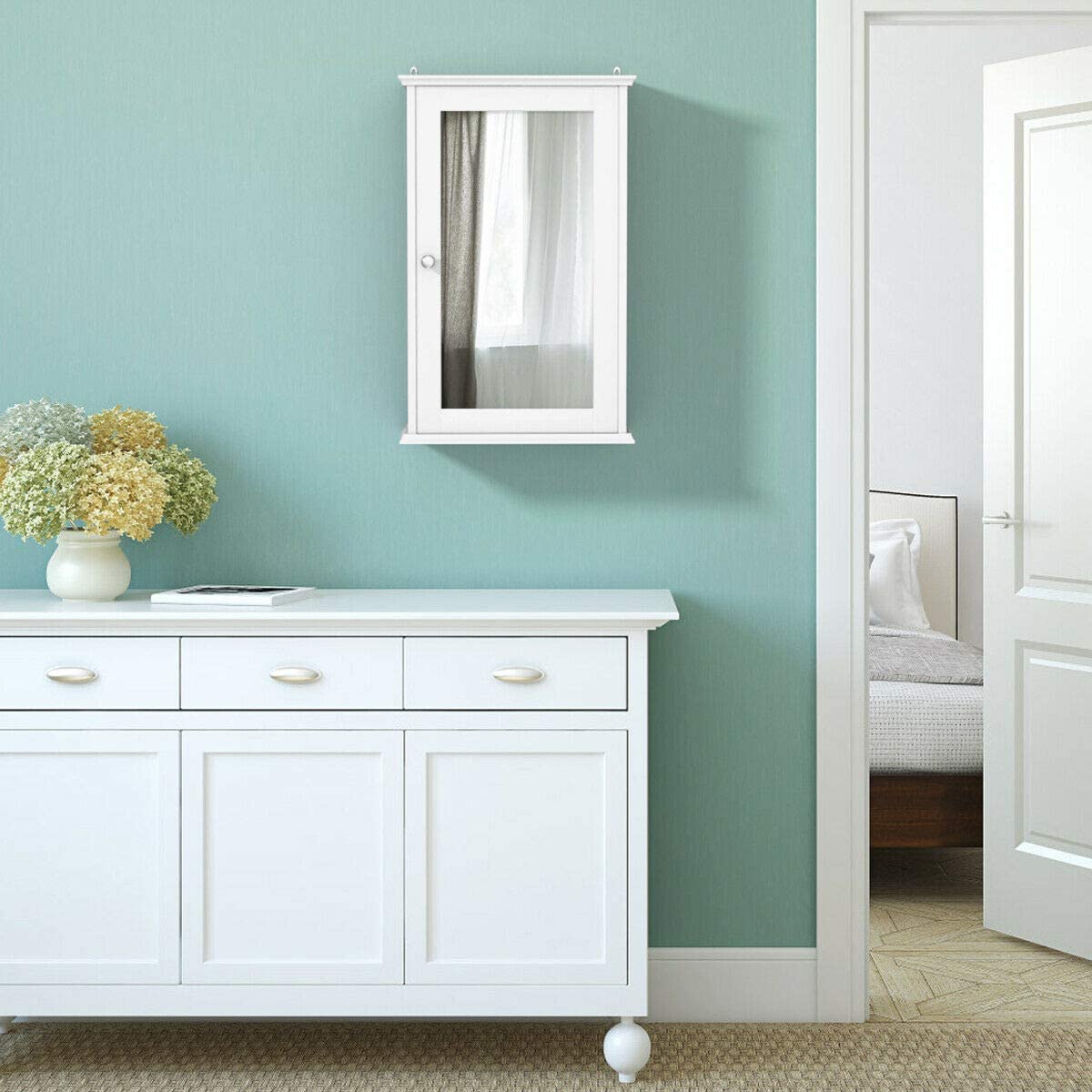 Mirrored White Bathroom Cabinet Single Door Storage