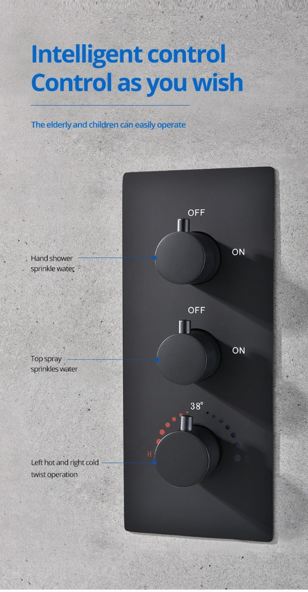 Juno Luxury Matte Black Rainfall 20 Inch Ceiling Mount LED 3 Function Square Showerhead