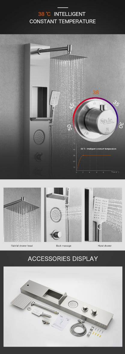 Juno Commercials Brushed Nickel Shower Panels with Square Shower Head & Storage Rack