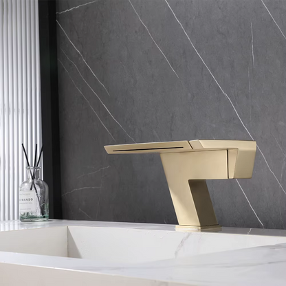 Juno Single-Hole Brushed Gold Finish Bathroom Basin Faucets Creative Waterfall Design for Hot Cold Water