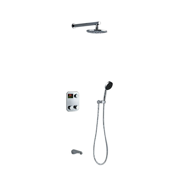 Modern Bathroom Digital Water Temperature Display Wall Mount Brass Chrome Finish Round Shower Head Set and Faucet